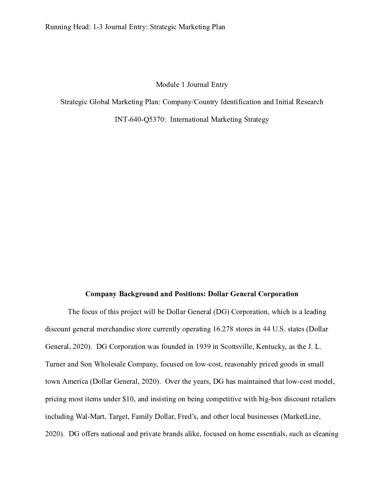 Preview image for INT 640 Journal|    Module 1 Journal Entry  Strategic Global Marketing Plan: Company/C